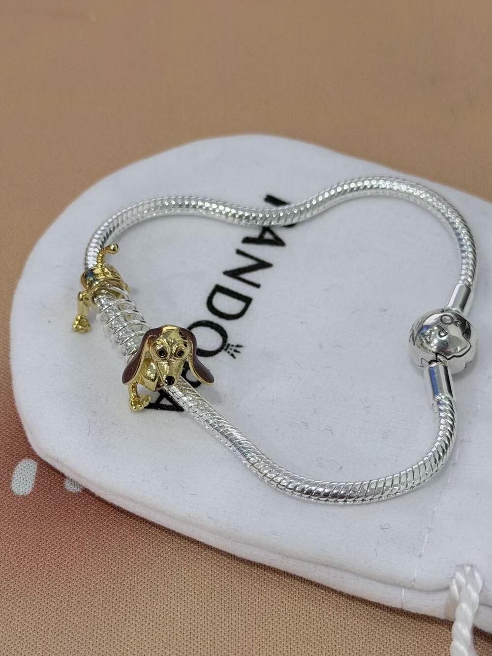 Pandora Silver Snake Chain Bracelet with Dachshund Dog Charm